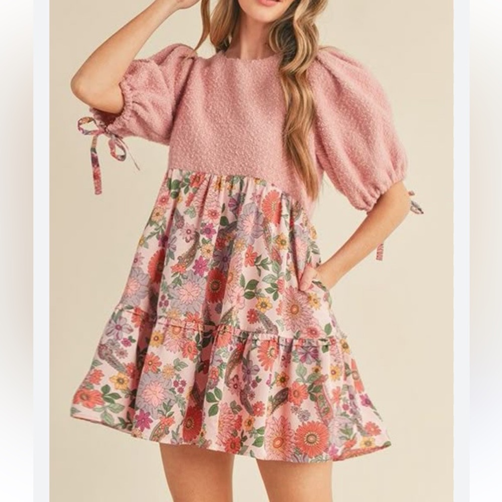 &merci Pink Puffed Sleeve Boucle Multi Floral Babydoll Mini Dress